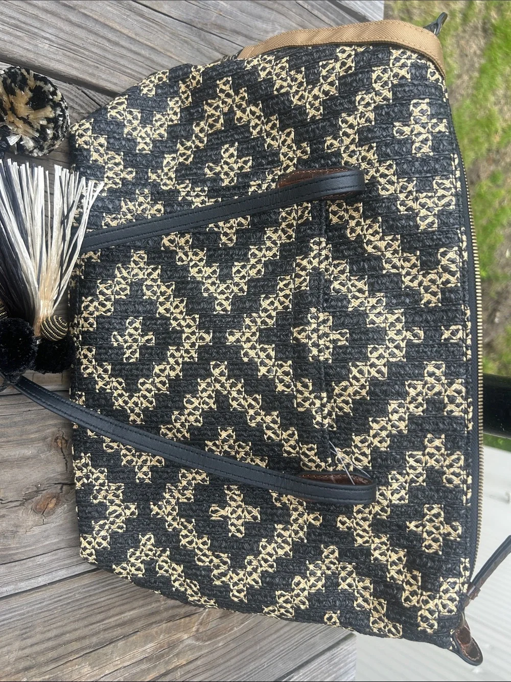 ERIC JAVITS Woven Black Tan Geometric Tote Bag NWT